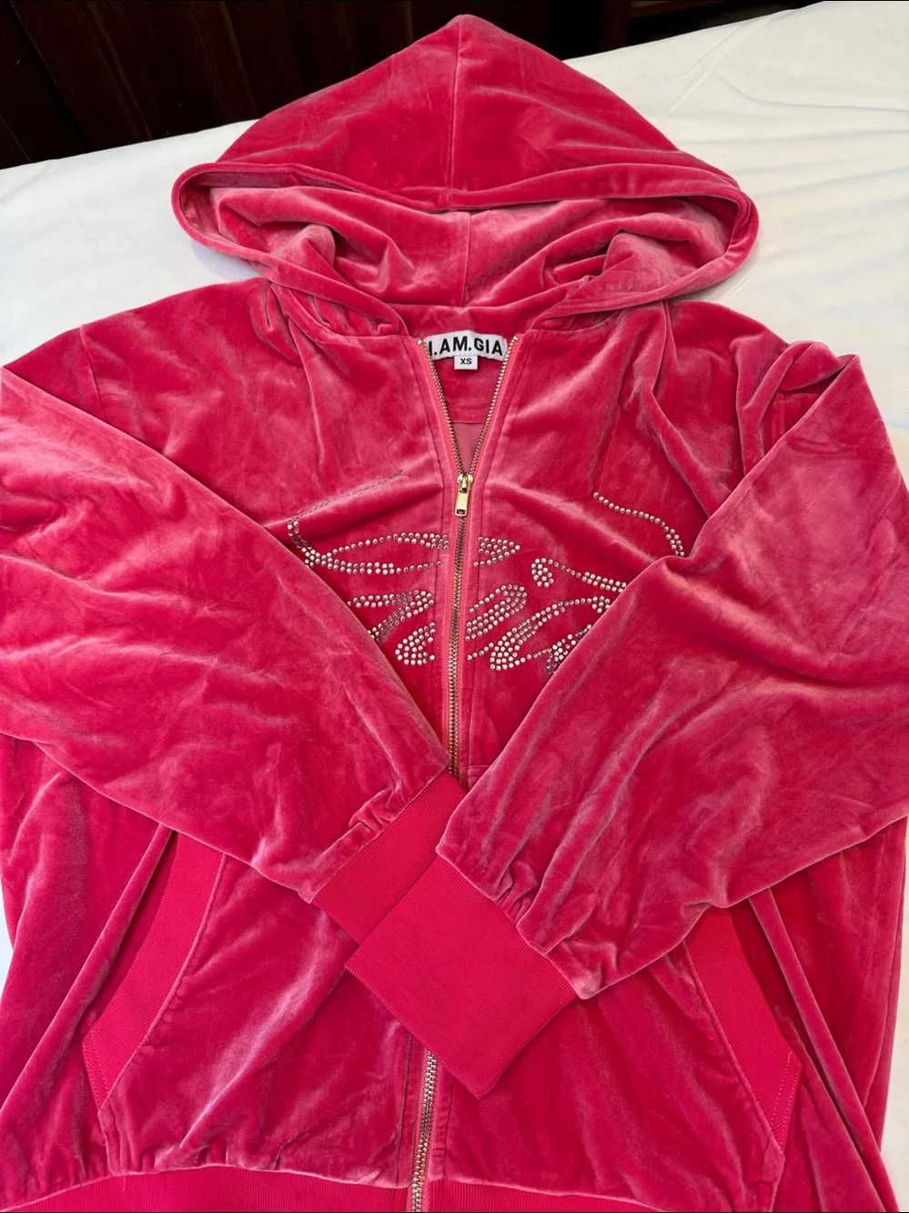 I am Gia Hot Pink Velour angel wing Rhinestone Zip Hoodie & Joggers See pics